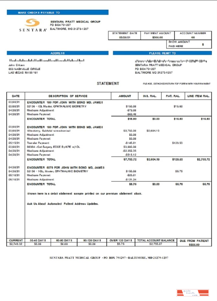 USA Sentara Pratt Medical Group billing statement